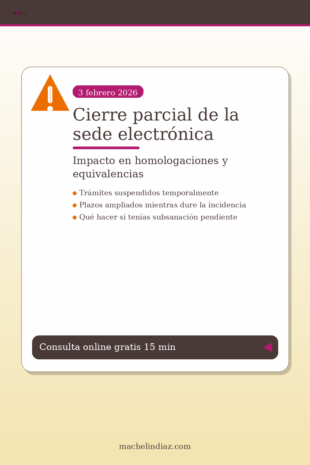 Cierre parcial sede electrónica, aviso con fecha 3 febrero 2026, impacto en trámites y plazos.