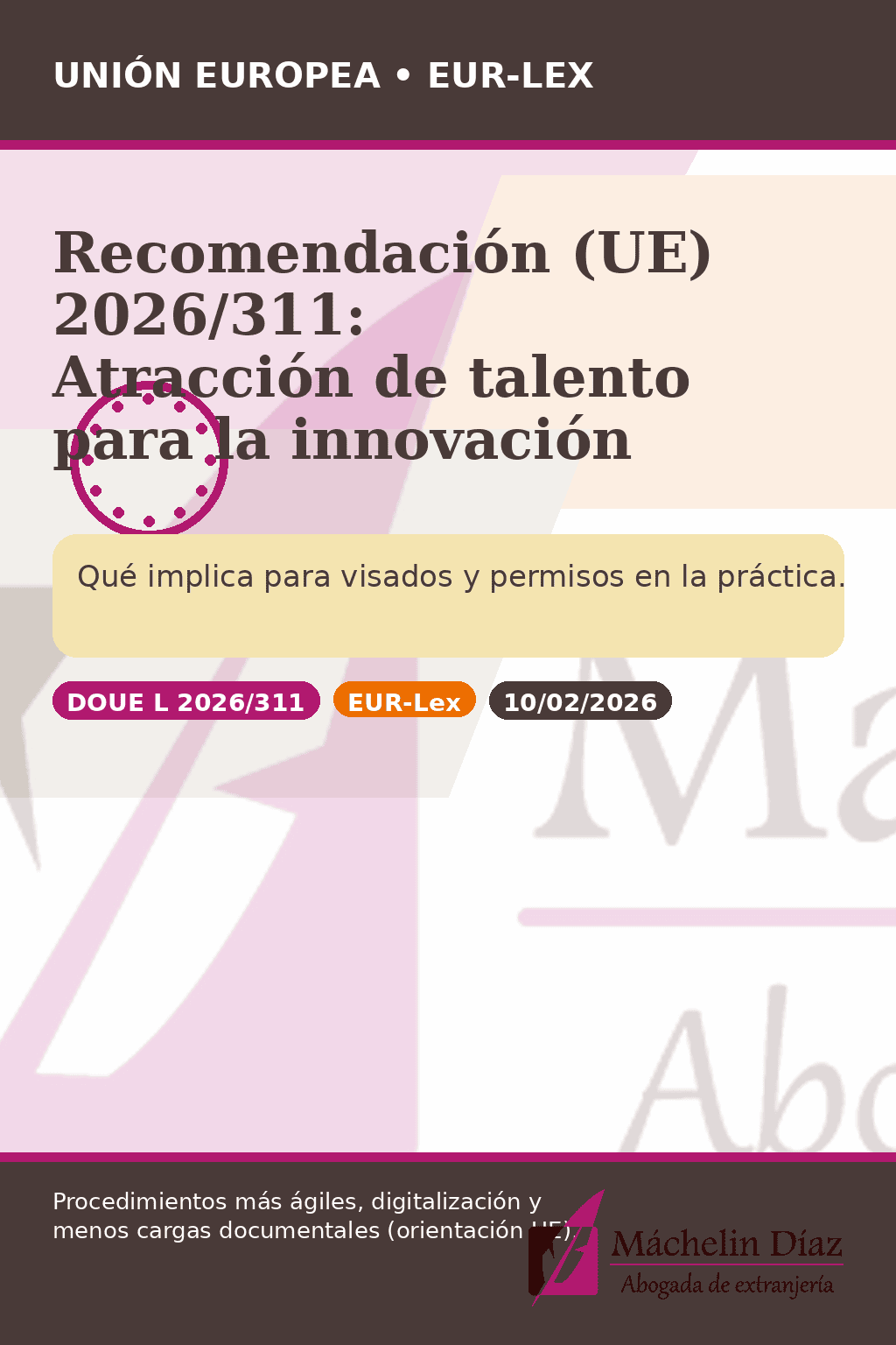 Portada sobre la Recomendación (UE) 2026/311 de atracción de talento para la innovación
