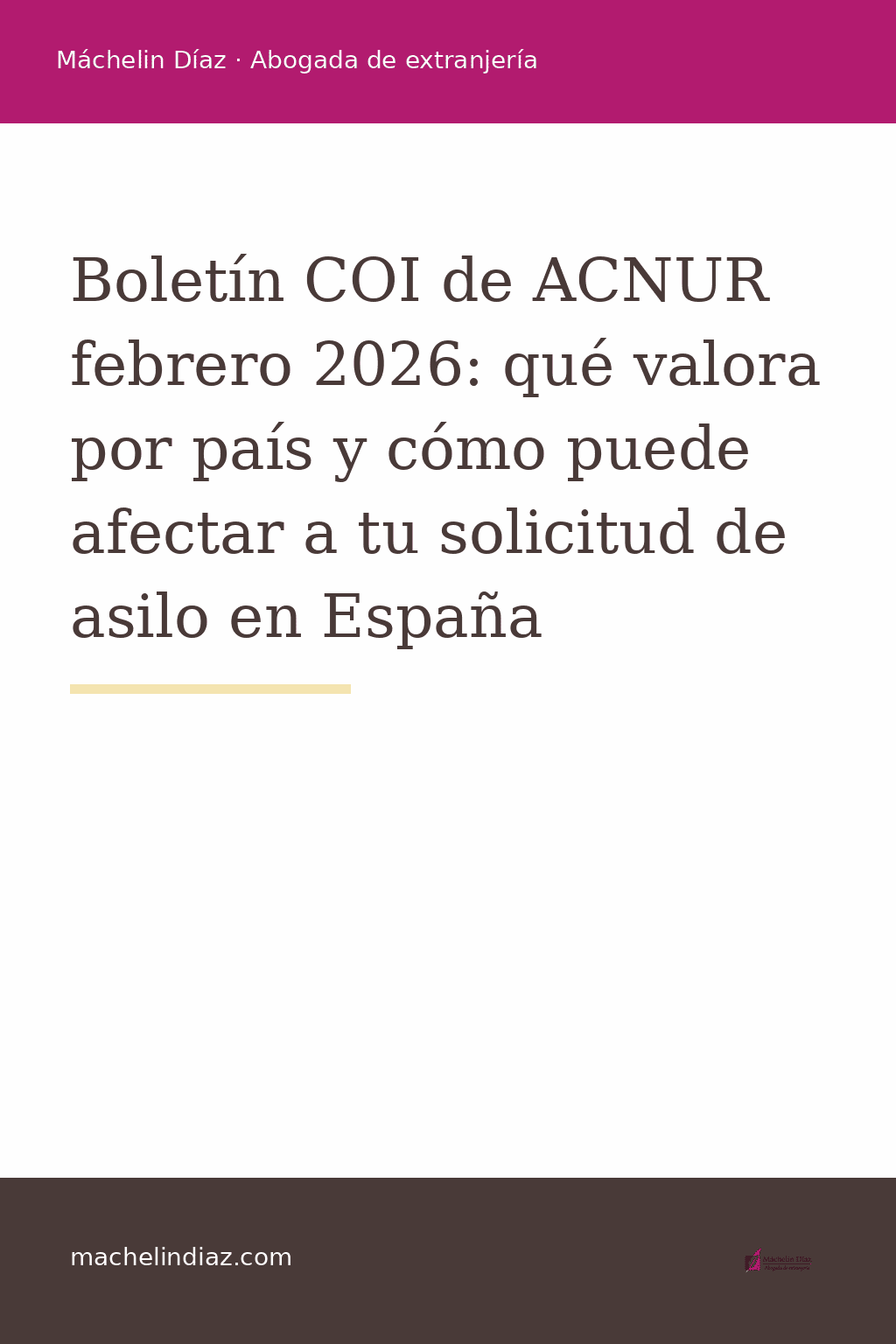 Portada del boletín COI de ACNUR febrero 2026, con título y logo de la abogada de extranjería.