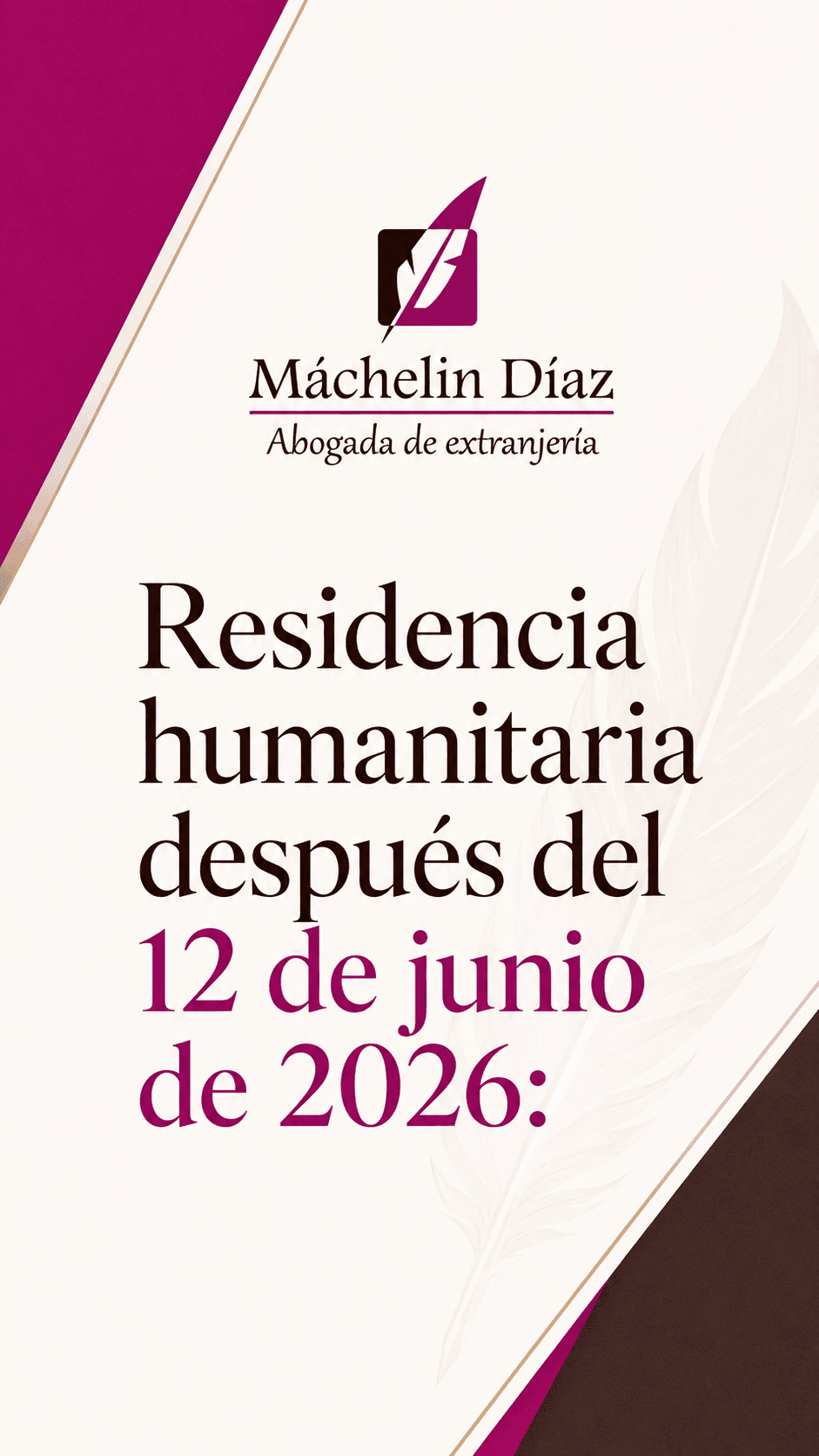 Tarjeta de presentación de abogada de extranjería, con logo y detalles de contacto.