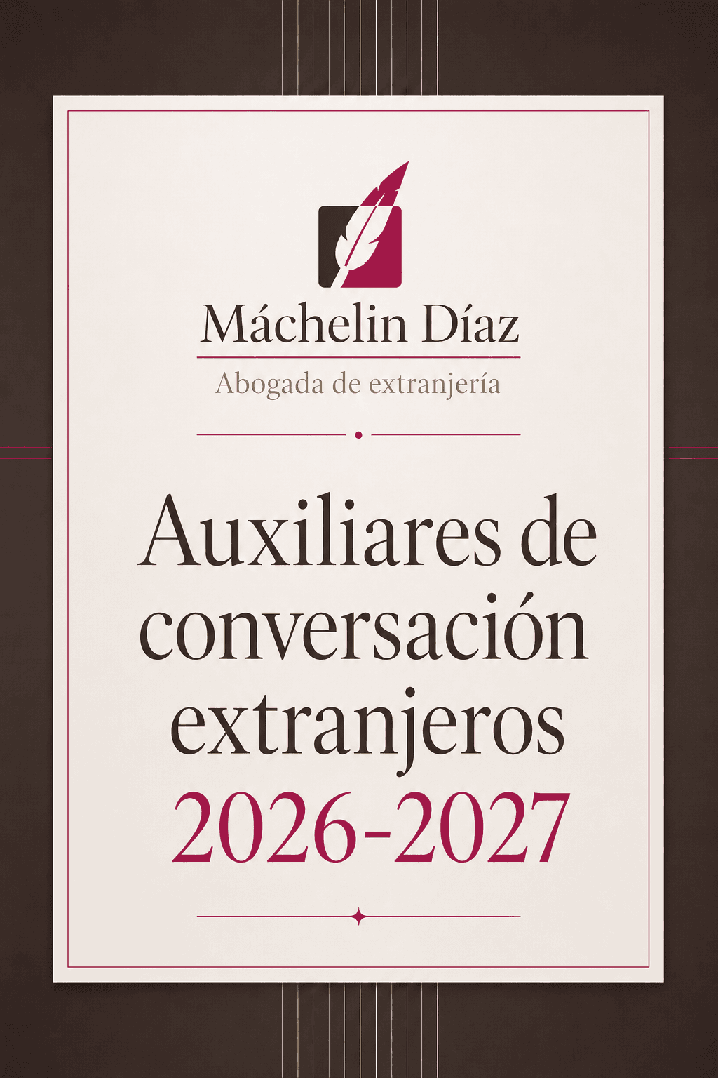 Cartel con nombre de abogada de extranjería y curso de auxiliares de conversación 2026-2027.